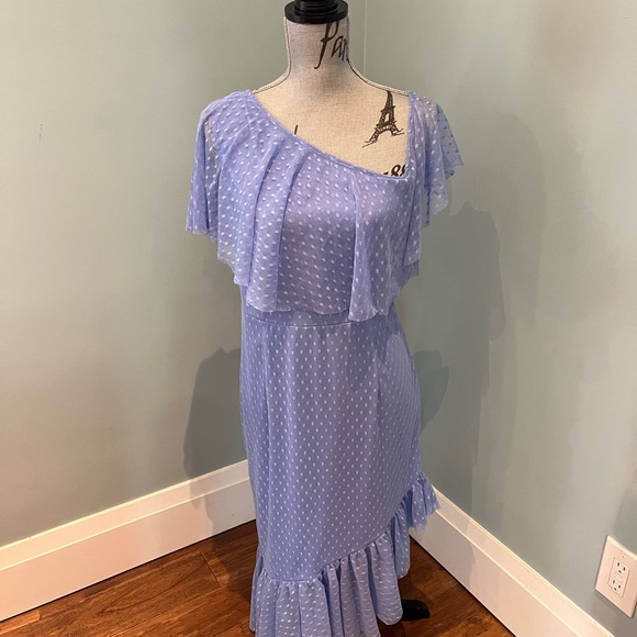 ASOS Blue Cold Shoulder Swiss Dot Asymmetrical Dress, 10 - Picture 1 of 16